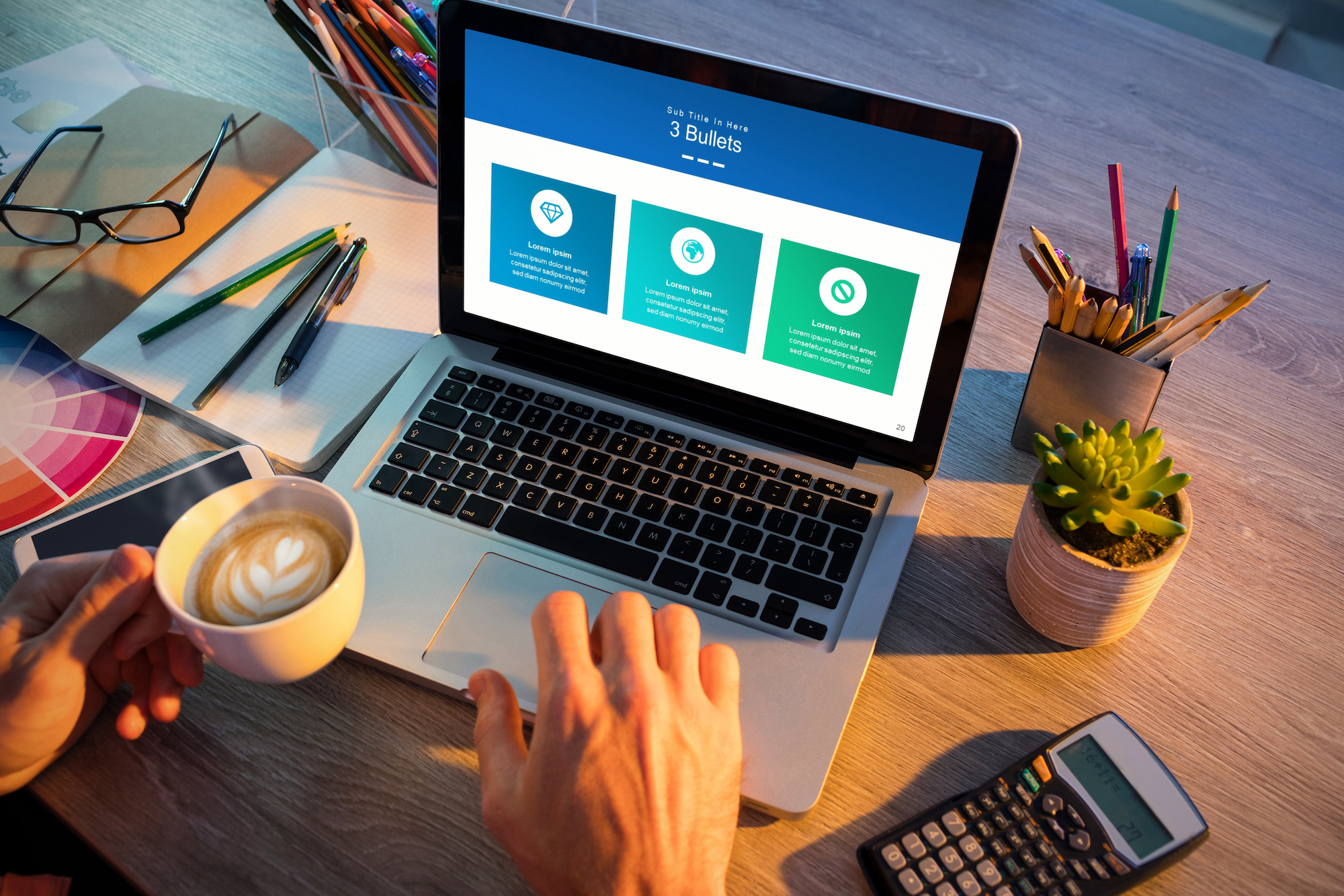 Corporate style PowerPoint template mockup with charts