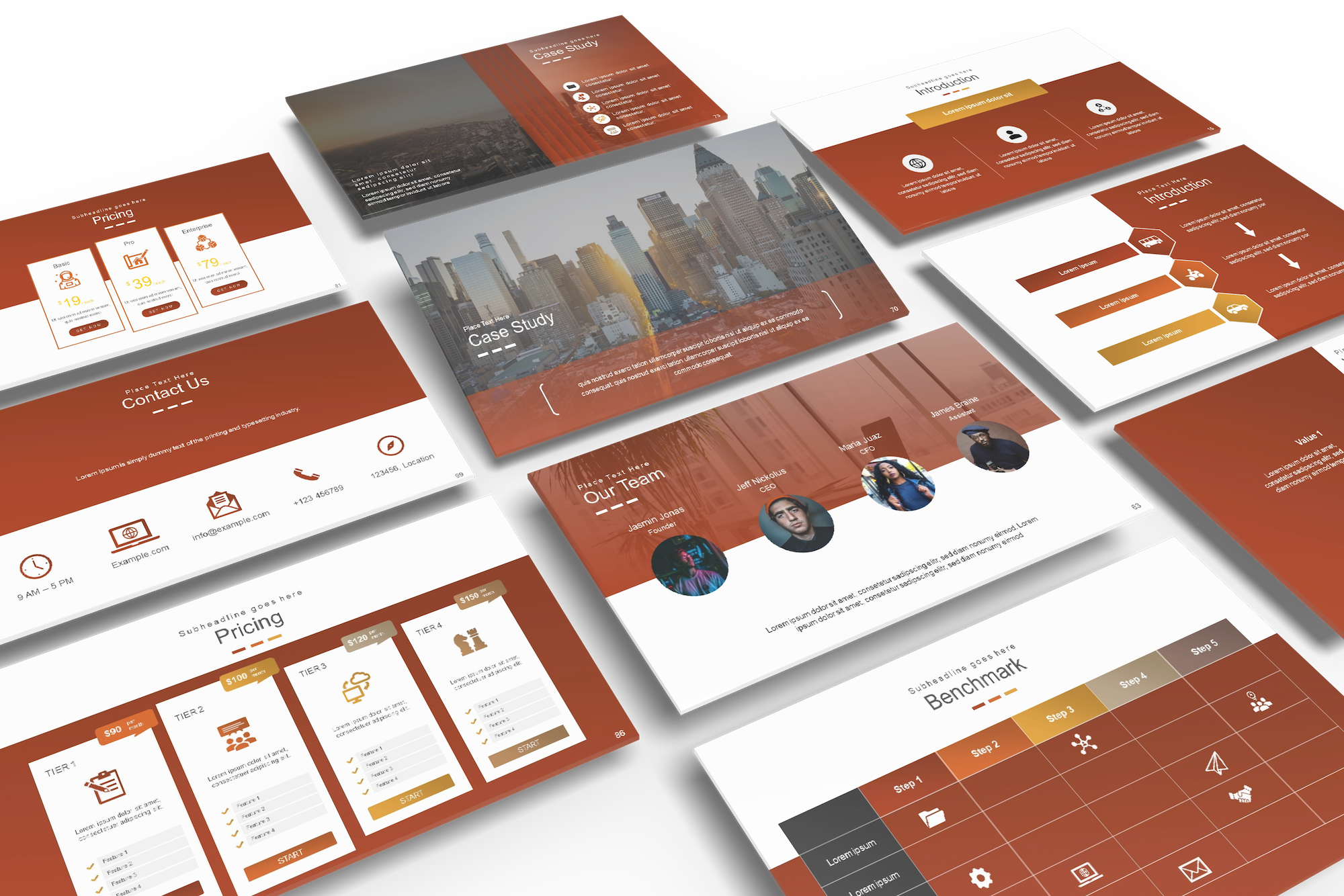Professional PowerPoint template mockup showing various business slides