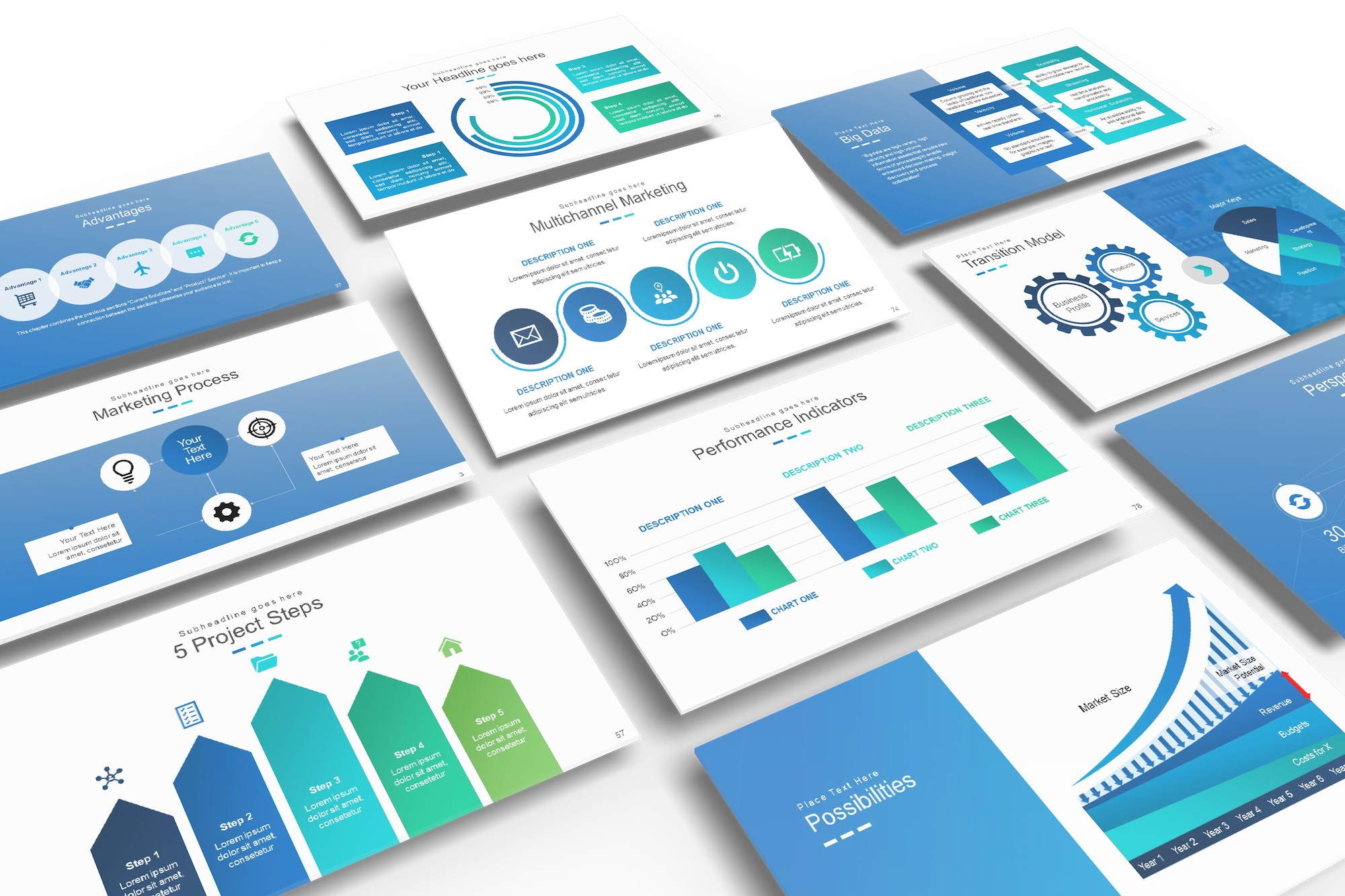 Business presentation template mockup with timeline slides