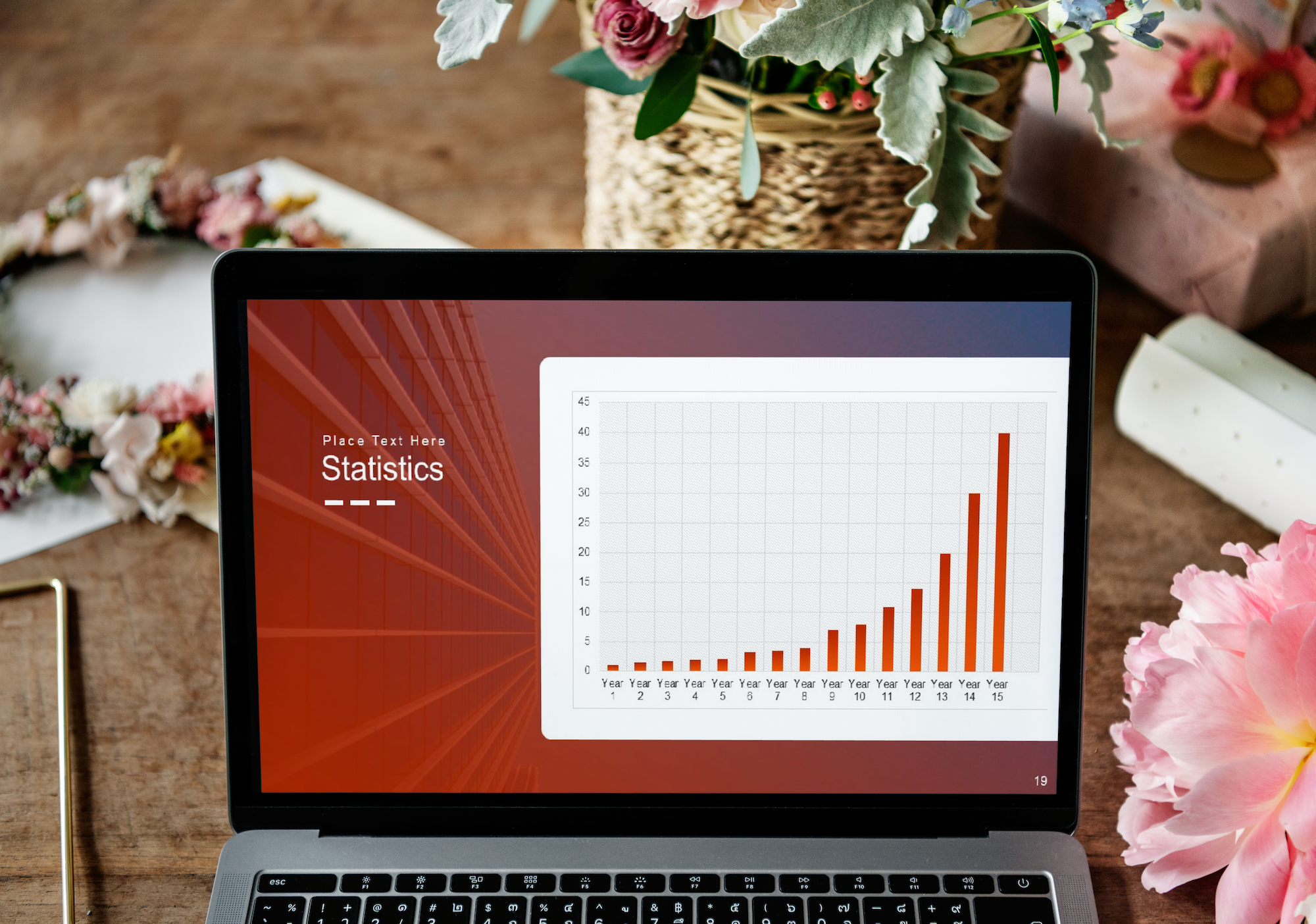 Professional PowerPoint template mockup showing various business slides